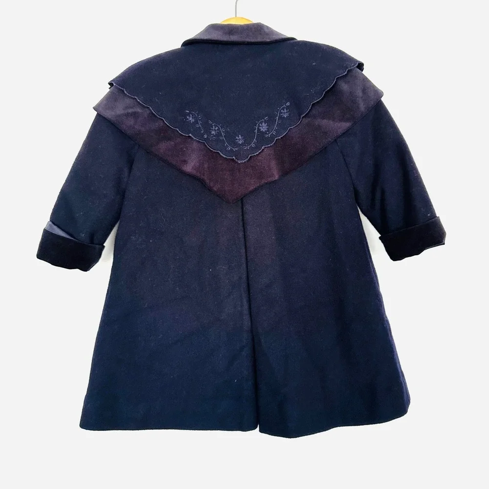 Rothschild Coat Set Girls 3T Navy Blue Vintage Wool Velvet Cape Hat Embroidery - Picture 2 of 15